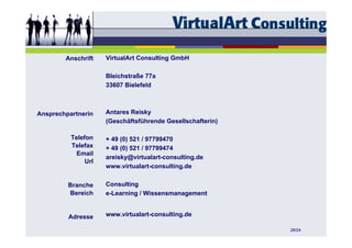 VirtualArt Consulting GmbH
        Anschrift

                     Bleichstraße 77a
                     33607 Bielefeld

...