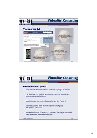 Transparenz 2.0




                                                                50/15




Rahmendaten - global
• Eine Milliarde Menschen haben weltweit Zugang zum Internet

• Ca. 50% aller US Internet Accounts sind zurzeit „always on“
  Breitband Internet Zugänge

• Mobile Geräte übertreffen Desktop PC um den Faktor 2

• Im ersten Quartal 2006 meldeten sich bei mySpace
  280.000 neue User an

• Im zweiten Quartal 2006 sind 50 Millionen WebBlogs entstanden,
  neue entstehen jede zweite Sekunde

Quelle: Hightext 2007                                           51/15




                                                                        16
 