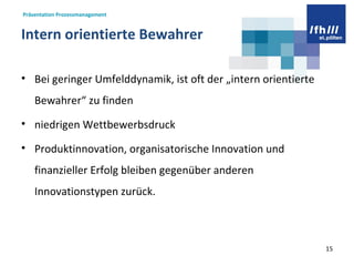 Intern orientierte Bewahrer   Bei geringer Umfelddynamik, ist oft der „intern orientierte Bewahrer“ zu finden niedrigen Wettbewerbsdruck  Produktinnovation, organisatorische Innovation und finanzieller Erfolg bleiben gegenüber anderen Innovationstypen zurück.  