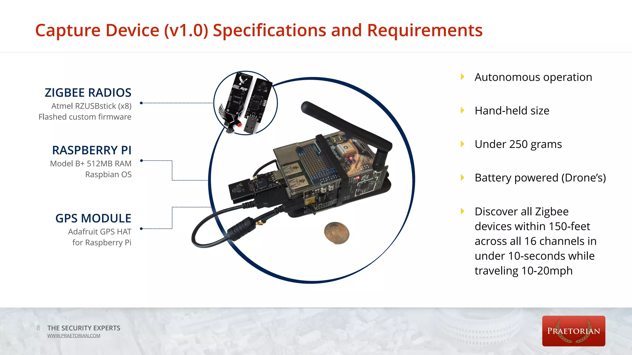 THE SECURITY EXPERTS
WWW.PRAETORIAN.COM
Capture Device (v1.0) Specifications and Requirements
8
ZIGBEE RADIOS
Atmel RZUSBstick (x8)
Flashed custom ﬁrmware
GPS MODULE
Adafruit GPS HAT
for Raspberry Pi
RASPBERRY PI
Model B+ 512MB RAM
Raspbian OS
‣ Autonomous operation
‣ Hand-held size
‣ Under 250 grams
‣ Battery powered (Drone’s)
‣ Discover all Zigbee
devices within 150-feet
across all 16 channels in
under 10-seconds while
traveling 10-20mph 
 