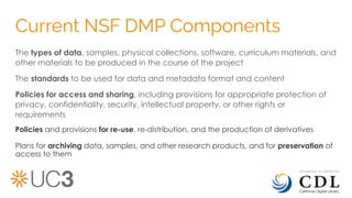 Current NSF DMP Components
The types of data, samples, physical collections, software, curriculum materials, and
other materials to be produced in the course of the project
The standards to be used for data and metadata format and content
Policies for access and sharing, including provisions for appropriate protection of
privacy, confidentiality, security, intellectual property, or other rights or
requirements
Policies and provisions for re-use, re-distribution, and the production of derivatives
Plans for archiving data, samples, and other research products, and for preservation of
access to them
 