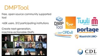 DMPTool
Free, open-source community supported
tool
+65K users, 312 participating institutions
Create next-generation,
machine-actionable DMPs
 