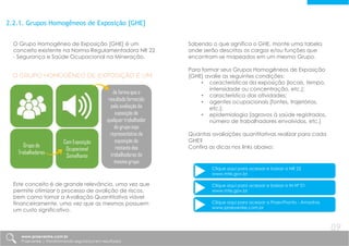 2.2.1. Grupos Homogêneos de Exposição [GHE]
O Grupo Homogêneo de Exposição [GHE] é um
conceito existente na Norma Regulamentadora NR 22
- Segurança e Saúde Ocupacional na Mineração.
O GRUPO HOMOGÊNEO DE EXPOSIÇÃO É UM:
Grupo de
Trabalhadores
Com Exposição
Ocupacional
Semelhante
de forma que o
resultado fornecido
pela avaliação da
exposição de
qualquer trabalhador
do grupo seja
representativo da
exposição do
restante dos
trabalhadores do
mesmo grupo
Este conceito é de grande relevância, uma vez que
permite otimizar o processo de avalição de riscos,
bem como tornar a Avaliação Quantitativa viável
financeiramente, uma vez que as mesmas possuem
um custo significativo.
Sabendo o que significa o GHE, monte uma tabela
onde serão descritos os cargos e/ou funções que
encontram-se mapeados em um mesmo Grupo.
Para formar seus Grupos Homogêneos de Exposição
[GHE] avalie as seguintes condições:
• características da exposição [locais, tempo,
intensidade ou concentração, etc.];
• característica das atividades;
• agentes ocupacionais [fontes, trajetórias,
etc.];
• epidemiologia [agravos à saúde registrados,
número de trabalhadores envolvidos, etc.]
Quantas avaliações quantitativas realizar para cada
GHE?
Confira as dicas nos links abaixo:
Clique aqui para acessar e baixar a NR 22
www.mte.gov.br
Clique aqui para acessar e baixar a IN Nº 01
www.mte.gov.br
Clique aqui para acessar a PraevPronto - Amostras
www.praevenire.com.br
www.praevenire.com.br
Praevenire | Transformando segurança em resultados
09
 