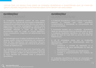 Vamos falar um pouco mais sobre as Avaliação Qualitativas e Quantitativas, pois as mesmas
geram dúvidas frequentes e recorrentes sobre como devem ser executadas.
As Avaliações Qualitativas partem de uma análise
técnica que visa, através de uma equipe multidisciplinar,
composta por profissionais da área técnica de Saúde &
Segurança, bem como empregados e demais partes
interessadas, mensurar a frequência de exposição e a
severidade atribuída a cada um dos agentes
reconhecidos para um cargo ou função específica.
Como consequência, chega-se a um determinado Nível
de Risco.
As metodologias para Análises Qualitativas de Riscos são
diversas, porém, todas se fundamentam em comparar o
Nível de Risco identificado com parâmetros técnicos,
que, na maioria dos métodos são o Nível de Ação [NA] e
o Limite de Tolerância [LT].
As Avaliações Qualitativas são muito importantes, pois,
além de especificar num momento inicial as medidas de
controle, também auxiliam no direcionamento de quais
os riscos deverão ser avaliados sobre a perspectiva
Quantitativa.
A Avaliação Quantitativa, como o próprio nome indica,
refere-se a métodos que visam quantificar
numericamente a intensidade ou concentração dos
riscos reconhecidos.
É importante ressaltar que a Avaliação Quantitativa
desse ser dimensionada para as situações para as quais
a Avaliação Qualitativa identificou um Nível de Risco
dentro do Nível de Ação [NA] ou acima do Limite de
Tolerância [LT].
A NR 09 estabelece ainda que as Avaliações
Quantitativas devem ser dimensionadas para os
seguintes casos:
• comprovar o controle da exposição ou a
inexistência de riscos identificados na fase de
reconhecimento;
• dimensionar a exposição dos trabalhadores;
• subsidiar o equacionamento das medidas de
controle;
As Avaliações Quantitativas devem ser conduzidas por
Engenheiro de Segurança e/ou Médicos do Trabalho.
QUALITATIVAS
avaliações
quantitativas
avaliações
www.praevenire.com.br
Praevenire | Transformando segurança em resultados
12
 