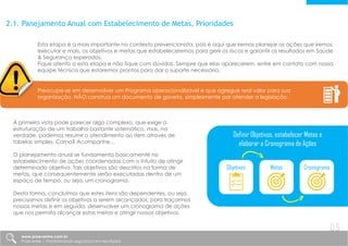 2.1. Panejamento Anual com Estabelecimento de Metas, Prioridades
Esta etapa é a mais importante no contexto prevencionista, pois é aqui que iremos planejar as ações que iremos
executar e mais, os objetivos e metas que estabeleceremos para gerir os riscos e garantir os resultados em Saúde
& Segurança esperados.
Fique atento a esta etapa e não fique com dúvidas. Sempre que elas aparecerem, entre em contato com nossa
equipe técnica que estaremos prontos para dar o suporte necessário.
Preocupe-se em desenvolver um Programa operacionalizável e que agregue real valor para sua
organização. NÃO construa um documento de gaveta, simplesmente par atender a legislação.
À primeira vista pode parecer algo complexo, que exige a
estruturação de um trabalho bastante sistemático, mas, na
verdade, podemos resumir o atendimento ao item através de
tabelas simples. Como? Acompanhe...
O planejamento anual se fundamenta basicamente no
estabelecimento de ações coordenadas com o intuito de atingir
determinado objetivo. Tais objetivos são descritos na forma de
metas, que consequentemente serão executadas dentro de um
espaço de tempo, ou seja, um cronograma.
Desta forma, concluímos que estes itens são dependentes, ou seja,
precisamos definir os objetivos a serem alcançados, para traçarmos
nossas metas e em seguida, desenvolver um cronograma de ações
que nos permita alcançar estas metas e atingir nossos objetivos.
Objetivos Metas
Definir Objetivos, estabelecer Metas e
elaborar o Cronograma de Ações
Cronograma
www.praevenire.com.br
Praevenire | Transformando segurança em resultados
05
 