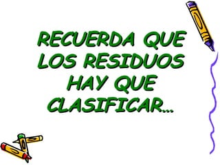 RECUERDA QUERECUERDA QUE
LOS RESIDUOSLOS RESIDUOS
HAY QUEHAY QUE
CLASIFICAR…CLASIFICAR…
 