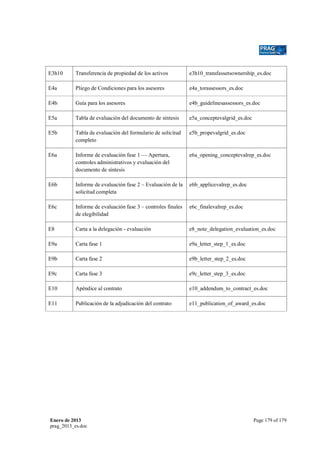 E3h10

Transferencia de propiedad de los activos

e3h10_transfassetsownership_es.doc

E4a

Pliego de Condiciones para los asesores

e4a_torassessors_es.doc

E4b

Guía para los asesores

e4b_guidelinesassessors_es.doc

E5a

Tabla de evaluación del documento de síntesis

e5a_conceptevalgrid_es.doc

E5b

Tabla de evaluación del formulario de solicitud
completo

e5b_propevalgrid_es.doc

E6a

Informe de evaluación fase 1 — Apertura,
controles administrativos y evaluación del
documento de síntesis

e6a_opening_conceptevalrep_es.doc

E6b

Informe de evaluación fase 2 – Evaluación de la
solicitud completa

e6b_applicevalrep_es.doc

E6c

Informe de evaluación fase 3 – controles finales
de elegibilidad

e6c_finalevalrep_es.doc

E8

Carta a la delegación - evaluación

e8_note_delegation_evaluation_es.doc

E9a

Carta fase 1

e9a_letter_step_1_es.doc

E9b

Carta fase 2

e9b_letter_step_2_es.doc

E9c

Carta fase 3

e9c_letter_step_3_es.doc

E10

Apéndice al contrato

e10_addendum_to_contract_es.doc

E11

Publicación de la adjudicación del contrato

e11_publication_of_award_es.doc

Enero de 2013
prag_2013_es.doc

Page 179 of 179

 