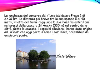 La lunghezza del percorso del fiume Moldava a Praga è di
c.a.31 km. La distanza più breve tra le sue sponde è di 40
metri, il letto del fiume raggiunge la sua massima estensione
nei pressi della cascata Sitkovsky (330 m) nel centro della
città. Sotto la cascata, i depositi alluvionali hanno dato origine
ad un'isola che oggi porta il nome Isola slava, accessibile da
un piccolo ponte.  
Isola Slava
 