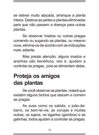 13
se estiver muito atacada, arranque a planta
inteira. Destrua as partes e plantas eliminadas
para que não passem a doença para outras
plantas.
Se observar insetos ou outras pragas
comendo ou sugando as plantas, ou mesmo
ovos, elimine-os de acordo com as indicações
mais adiante.
Mas preste atenção: alguns insetos e
aranhas são benéficos, isto é, ajudam a
controlar as pragas, pois se alimentam delas.
Proteja os amigos
das plantas
Se você observar as plantas, notará que
existem alguns bichos que atacam e comem
as pragas.
As aves como os sabiás, o joão-de-
barro, os bem-te-vis, as corujas e muitas
outras, os sapos, os lagartos (garobos) e as
galinhas, todos ajudam a controlar as pragas.
 