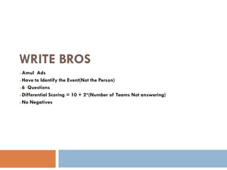 WRITE BROS
Amul Ads
Have to Identify the Event(Not the Person)

6 Questions

Differential Scoring = 10 + 2*(Number of Teams Not answering)

No Negatives
 