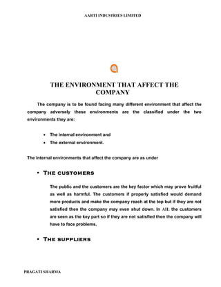 AARTI INDUSTRIES LIMITED




            THE ENVIRONMENT THAT AFFECT THE
                       COMPANY
     The company is to be found facing many different environment that affect the
 company adversely these environments are the classified under the two
 environments they are:


        •   The internal environment and
        •   The external environment.


 The internal environments that affect the company are as under


      The customers

            The public and the customers are the key factor which may prove fruitful
            as well as harmful. The customers if properly satisfied would demand
            more products and make the company reach at the top but if they are not
            satisfied then the company may even shut down. In AIL the customers
            are seen as the key part so if they are not satisfied then the company will
            have to face problems.


      The suppliers




PRAGATI SHARMA
 