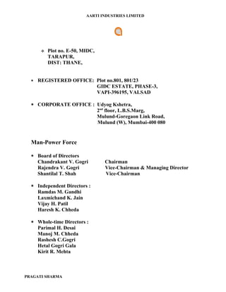 AARTI INDUSTRIES LIMITED




          Plot no. E-50, MIDC,
           TARAPUR,
           DIST: THANE,


  ∗   REGISTERED OFFICE: Plot no.801, 801/23
                         GIDC ESTATE, PHASE-3,
                         VAPI-396195, VALSAD

  ∗ CORPORATE OFFICE : Udyog Kshetra,
                       2nd floor, L.B.S.Marg,
                       Mulund-Goregaon Link Road,
                       Mulund (W), Mumbai-400 080


  Man-Power Force

  ∗ Board of Directors
    Chandrakant V. Gogri          Chairman
    Rajendra V. Gogri             Vice-Chairman & Managing Director
    Shantilal T. Shah             Vice-Chairman

  ∗ Independent Directors :
    Ramdas M. Gandhi
    Laxmichand K. Jain
    Vijay H. Patil
    Haresh K. Chheda

  ∗ Whole-time Directors :
    Parimal H. Desai
    Manoj M. Chheda
    Rashesh C.Gogri
    Hetal Gogri Gala
    Kirit R. Mehta



PRAGATI SHARMA
 