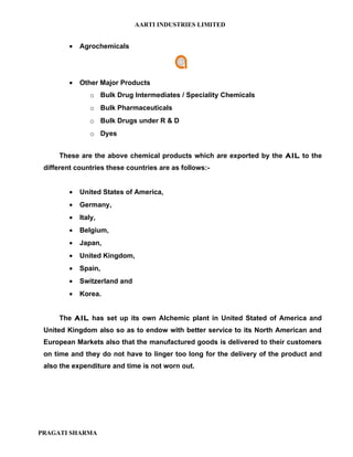 AARTI INDUSTRIES LIMITED


         •   Agrochemicals




         •   Other Major Products
                o Bulk Drug Intermediates / Speciality Chemicals
                o Bulk Pharmaceuticals
                o Bulk Drugs under R & D
                o Dyes


     These are the above chemical products which are exported by the AIL to the
 different countries these countries are as follows:-


         •   United States of America,
         •   Germany,
         •   Italy,
         •   Belgium,
         •   Japan,
         •   United Kingdom,
         •   Spain,
         •   Switzerland and
         •   Korea.


     The AIL has set up its own Alchemic plant in United Stated of America and
 United Kingdom also so as to endow with better service to its North American and
 European Markets also that the manufactured goods is delivered to their customers
 on time and they do not have to linger too long for the delivery of the product and
 also the expenditure and time is not worn out.




PRAGATI SHARMA
 