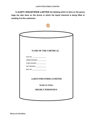 AARTI INDUSTRIES LIMITED


     In AARTI INDUSTRIES LIMITED the labeling which is done on the gunny
 bags are also done on the drums in which the liquid chemical is being filled or
 sending it to the customers.




                        NAME OF THE CHEMICAL

                 LOT NO: ____________________

                 GROSS WEIGHT: ____________

                 TARE WEIGHT: _____________

                 NET WEIGHT: _______________

                 BAG NO: ____________________




                        AARTI INDUSTRIES LIMITED

                                   MADE IN INDIA

                              HIGHLY POISONOUS




PRAGATI SHARMA
 