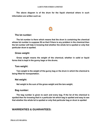 AARTI INDUSTRIES LIMITED


     The above diagram is of the drum for the liquid chemical where in such
 information are written such as:




    The lot number:

      The lot number is there which means that the drum is containing the chemical
 whose lot number is suppose 56 so that if there is any problem in the chemical than
 the lot number will help in knowing that whether the whole lot is spoiled or only that
 particular drum is spoiled.

    Gross weight:

     Gross weight means the weight of the chemical, whether in solid or liquid
 forms that is kept in the gunny bags or the drums.


    Tare weight:

     Tare weight is the weight of the gunny bag or the drum in which the chemical is
 being filled for transportation.


    Net weight:

     Net weight is the sum of the gross weight and the tare weight.


    Bag number:

      The bag number is given to each and every bag. If the lot of the chemical is
 spoiled then for knowing that in a particular lot which bag is spoiled and easy to see
 that whether the whole lot is spoiled or only that particular bag or drum is spoiled



 WARRENTIES & GUARANTEES:



PRAGATI SHARMA
 