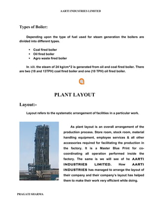 AARTI INDUSTRIES LIMITED




 Types of Boiler:

      Depending upon the type of fuel used for steam generation the boilers are
 divided into different types.

          Coal fired boiler
          Oil fired boiler
          Agro waste fired boiler

      In AIL the steam of 24 kg/cm^2 is generated from oil and coal fired boiler. There
 are two (18 and 13TPH) coal fired boiler and one (10 TPH) oil fired boiler.




                         PLANT LAYOUT
 Layout:-
     Layout refers to the systematic arrangement of facilities in a particular work.



                                     As plant layout is an overall arrangement of the
                               production process. Store room, stock room, material
                               handling equipment, employee services & all other
                               accessories required for facilitating the production in
                               the factory. It is a Master Blue Print for co-
                               coordinating all operation performed inside the
                               factory. The same is we will see of he AARTI
                               INDUSTRIES           LIMITED.         How       AARTI
                               INDUSTRIES has managed to arrange the layout of
                               their company and their company’s layout has helped
                               them to make their work very efficient while doing.



PRAGATI SHARMA
 