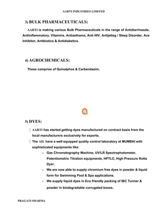 AARTI INDUSTRIES LIMITED


   3) BULK PHARMACEUTICALS:

     AARTI is making various Bulk Pharmaceuticals in the range of Antidiarrhoeals,
  Antiinflammatory, Vitamins, Antiasthama, Anti HIV, Antijetlag / Sleep Disorder, Ace
  Inhibitor, Antibiotics & Antidiabetics.




   4) AGROCHEMICALS:

     These comprise of Quinalphos & Carbendazim.




   5) DYES:

      AARTI has started getting dyes manufactured on contract basis from the
        local manufacturers exclusively for exports.
      The AIL have a well equipped quality control laboratory at MUMBAI with
        sophisticated equipments like:
               o Gas Chromatography Machine, UV/LR Spectrophotometer,
                  Potentiometric Titration equipments, HPTLC, High Pressure Rotta
                  Dyer.
               o We are now able to supply chromium free dyes in powder & liquid
                  form for Swimming Pool & Spa applications.
               o We supply liquid dyes in Eco friendly packing of IBC Tunner &

                  powder in biodegradable corrugated boxes.



PRAGATI SHARMA
 