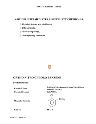 AARTI INDUSTRIES LIMITED




   6) OTHER INTERMEDIATES & SPECIALITY CHEMICALS:

         Alkylated Amines and toluidiness,
         Chlorophenols,
         Fluoro Compounds,
         Other specialty chemicals.




  ORTHO NITRO CHLORO BENZENE
  Product Details

                                     2- Chloro Nitro Benzene (Ortho Nitro Chloro
   Chemical Name
                                     Benzene) (88-73-3)
   Chemical Formula                  C6H4NO2CL



   Molecular Formula



   CAS No.                           88-73-3



PRAGATI SHARMA
 