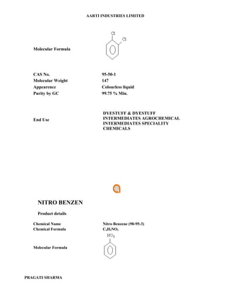AARTI INDUSTRIES LIMITED




   Molecular Formula




   CAS No.                   95-50-1
   Molecular Weight          147
   Appearence                Colourless liquid
   Purity by GC              99.75 % Min.



                             DYESTUFF & DYESTUFF
   End Use                   INTERMEDIATES AGROCHEMICAL
                             INTERMEDIATES SPECIALITY
                             CHEMICALS




     NITRO BENZEN
     Product details

   Chemical Name             Nitro Benzene (98-95-3)
   Chemical Formula          C6H5NO2



   Molecular Formula




PRAGATI SHARMA
 
