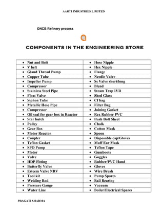 AARTI INDUSTRIES LIMITED




            ONCB Refinery process




      COMPONENTS IN THE ENGINEERING STORE


  •   Nut and Bolt                         •   Hose Nipple
  •   V belt                               •   Hex Nipple
  •   Gland Thread Pump                    •   Flange
  •   Copper Tube                          •   Needle Valve
  •   Impeller Pump                        •   Ss Valve short/long
  •   Compressor                           •   Blend
  •   Stainless Steel Pipe                 •   Steam Trap IVR
  •   Float Valve                          •   Shed Glass
  •   Siphon Tube                          •   Cf bag
  •   Metallic Hose Pipe                   •   Filter Bag
  •   Compressor                           •   Joining Gasket
  •   Oil seal for gear box in Reactor     •   Rex Rubber PVC
  •   Star butch                           •   Bush Bolt Sheet
  •   Pulley                               •   Chalk
  •   Gear Box                             •   Cotton Mask
  •   Motor Reactor                        •   Spoon
  •   Coupler                              •   Disposable cap/Gloves
  •   Teflon Gasket                        •   Muff Ear Mask
  •   SPO Pump                             •   Teflon Tape
  •   Motor                                •   Gumboots
  •   Valve                                •   Goggles
  •   HDP Fitting                          •   Rubber/PVC Hand
  •   Butterfly Valve                      •   Gloves
  •   Esteem Valve NRV                     •   Wire Brush
  •   Tool kit                             •   Pump Spares
  •   Welding Rod                          •   Ball Bearing
  •   Pressure Gauge                       •   Vacuum
  •   Water Line                           •   Boiler/Electrical Spares

PRAGATI SHARMA
 