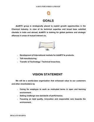 AARTI INDUSTRIES LIMITED




                                      GOALS
     AARTI group is strategically placed to exploit growth opportunities in the
 Chemical Industry. In view of its technical expertise and broad base satisfied
 clientele in India and abroad, AARTI is looking for global partners and strategic
 alliances in areas of mutual interest viz.




       o   Development of International markets for AARTI's products.
       o   Toll manufacturing.
       o   Transfer of Technology / Technical know-how.




                          VISION STATEMENT
     We will be a world-class organization that enhanced value to our customers
 and other shareholders by

       o   Caring for employee to work as motivated terms in open and learning
           environment.
       o   Setting challenge new standards of performance.
       o   Focusing on total quality, innovation and responsible care towards the
           environment.




PRAGATI SHARMA
 