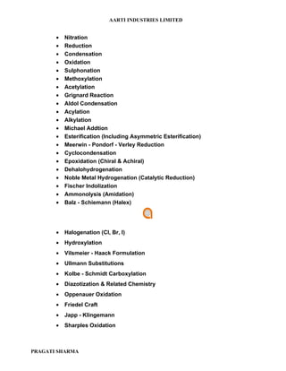 AARTI INDUSTRIES LIMITED


       •   Nitration
       •   Reduction
       •   Condensation
       •   Oxidation
       •   Sulphonation
       •   Methoxylation
       •   Acetylation
       •   Grignard Reaction
       •   Aldol Condensation
       •   Acylation
       •   Alkylation
       •   Michael Addtion
       •   Esterification (Including Asymmetric Esterification)
       •   Meerwin - Pondorf - Verley Reduction
       •   Cyclocondensation
       •   Epoxidation (Chiral & Achiral)
       •   Dehalohydrogenation
       •   Noble Metal Hydrogenation (Catalytic Reduction)
       •   Fischer Indolization
       •   Ammonolysis (Amidation)
       •   Balz - Schiemann (Halex)




       •   Halogenation (Cl, Br, I)
       •   Hydroxylation
       •   Vilsmeier - Haack Formulation
       •   Ullmann Substitutions
       •   Kolbe - Schmidt Carboxylation
       •   Diazotization & Related Chemistry
       •   Oppenauer Oxidation
       •   Friedel Craft
       •   Japp - Klingemann
       •   Sharples Oxidation



PRAGATI SHARMA
 