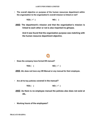 AARTI INDUSTRIES LIMITED


       The overall objective or purpose of the human resources department within
        the organization to the organization's overall mission is linked or not?

                     YES (  )                    NO (   )

       ANS: The department’s mission and that the organization’s mission is
              linked to each other or not is also important to glimpse.

              And it was found that the organization purpose was matching with
              the human resource department objective.




       Does the company have formal HR manual?

                     YES (   )                    NO (  )

       ANS: AIL does not have any HR Manual or any manual for their employee.



       Are all he key policies covered in the manual?

                     YES (   )                    NO (  )

       ANS: As there is no employee manual the policies also does not exist at
              AIL.



       Working hours of the employees?




PRAGATI SHARMA
 