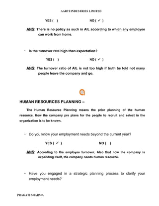 AARTI INDUSTRIES LIMITED


                  YES (   )                    NO (  )

     ANS: There is no policy as such in AIL according to which any employee
             can work from home.



     Is the turnover rate high than expectation?

                  YES (   )                    NO (  )

     ANS: The turnover ratio of AIL is not too high if truth be told not many
             people leave the company and go.




 HUMAN RESOURCES PLANNING –

     The Human Resource Planning means the prior planning of the human
 resource. How the company pre plans for the people to recruit and select in the
 organization is to be known.



     Do you know your employment needs beyond the current year?

                  YES (  )                         NO (   )

     ANS: According to the employee turnover. Also that now the company is
             expanding itself, the company needs human resource.




     Have you engaged in a strategic planning process to clarify your
      employment needs?



PRAGATI SHARMA
 