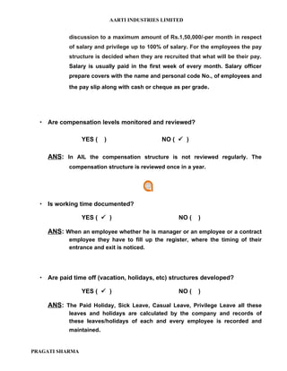 AARTI INDUSTRIES LIMITED


            discussion to a maximum amount of Rs.1,50,000/-per month in respect
            of salary and privilege up to 100% of salary. For the employees the pay
            structure is decided when they are recruited that what will be their pay.
            Salary is usually paid in the first week of every month. Salary officer
            prepare covers with the name and personal code No., of employees and
            the pay slip along with cash or cheque as per grade.




   Are compensation levels monitored and reviewed?

                 YES (    )                    NO (  )

    ANS: In AIL the compensation structure is not reviewed regularly. The
            compensation structure is reviewed once in a year.




   Is working time documented?

                 YES (  )                           NO (    )

    ANS: When an employee whether he is manager or an employee or a contract
            employee they have to fill up the register, where the timing of their
            entrance and exit is noticed.




   Are paid time off (vacation, holidays, etc) structures developed?

                 YES (  )                           NO (    )

    ANS: The Paid Holiday, Sick Leave, Casual Leave, Privilege Leave all these
            leaves and holidays are calculated by the company and records of
            these leaves/holidays of each and every employee is recorded and
            maintained.


PRAGATI SHARMA
 