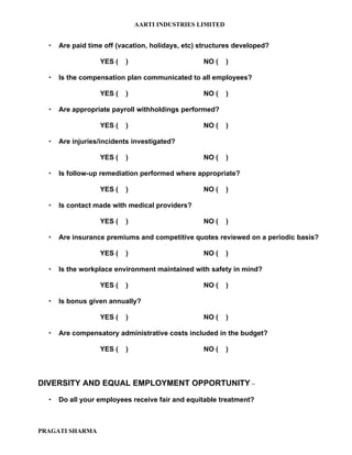 AARTI INDUSTRIES LIMITED


     Are paid time off (vacation, holidays, etc) structures developed?

                  YES (   )                       NO (   )

     Is the compensation plan communicated to all employees?

                  YES (   )                       NO (   )

     Are appropriate payroll withholdings performed?

                  YES (   )                       NO (   )

     Are injuries/incidents investigated?

                  YES (   )                       NO (   )

     Is follow-up remediation performed where appropriate?

                  YES (   )                       NO (   )

     Is contact made with medical providers?

                  YES (   )                       NO (   )

     Are insurance premiums and competitive quotes reviewed on a periodic basis?

                  YES (   )                       NO (   )

     Is the workplace environment maintained with safety in mind?

                  YES (   )                       NO (   )

     Is bonus given annually?

                  YES (   )                       NO (   )

     Are compensatory administrative costs included in the budget?

                  YES (   )                       NO (   )



DIVERSITY AND EQUAL EMPLOYMENT OPPORTUNITY –

     Do all your employees receive fair and equitable treatment?



PRAGATI SHARMA
 