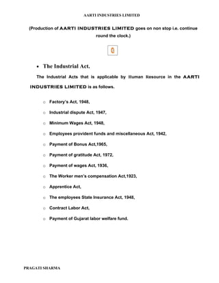 AARTI INDUSTRIES LIMITED


  (Production of AARTI INDUSTRIES LIMITED goes on non stop i.e. continue
                                round the clock.)




     • The Industrial Act.

     The Industrial Acts that is applicable by Human Resource in the AARTI

  INDUSTRIES LIMITED is as follows.


       o Factory’s Act, 1948,

       o Industrial dispute Act, 1947,

       o Minimum Wages Act, 1948,

       o Employees provident funds and miscellaneous Act, 1942,

       o Payment of Bonus Act,1965,

       o Payment of gratitude Act, 1972,

       o Payment of wages Act, 1936,

       o The Worker men’s compensation Act,1923,

       o Apprentice Act,

       o The employees State Insurance Act, 1948,

       o Contract Labor Act,

       o Payment of Gujarat labor welfare fund.




PRAGATI SHARMA
 
