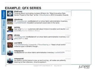 16 Copyright © 2010 Juniper Networks, Inc. www.juniper.net
EXAMPLE: QFX SERIES
Twitter
Blogs
Discussion
Videos
 