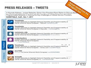 6 Copyright © 2010 Juniper Networks, Inc. www.juniper.net
PRESS RELEASES – TWEETS
In Keynote Address, Juniper Networks Senior Vice President Rami Rahim to Discuss Benefits of
Programmable Networks in Solving the Key Challenges of Global Service Providers.
SUNNYVALE, Calif., Oct. 7, 2011
Twitter
News
Discussion
Videos
 