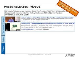 7 Copyright © 2010 Juniper Networks, Inc. www.juniper.net
PRESS RELEASES - VIDEOS
In Keynote Address, Juniper Networks Senior Vice President Rami Rahim to Discuss Benefits of
Programmable Networks in Solving the Key Challenges of Global Service Providers.
SUNNYVALE, Calif., Oct. 7, 2011
Twitter
News
Discussion
Videos
 