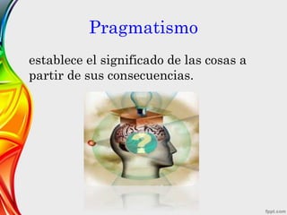 Pragmatismo
establece el significado de las cosas a
partir de sus consecuencias.
 