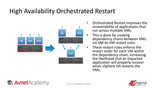 High Availability Orchestrated Restart
Torino 9 febbraio 2017
• Orchestrated Restart improves the
recoverability of applications that
run across multiple VMs.
• This is done by creating
dependency chains between VMs
via VM-to-VM restart rules.
• These restart rules enforce the
restart order for each VM within
the dependency chain, increasing
the likelihood that an impacted
application will properly recover
when vSphere HA restarts the
VMs.
 