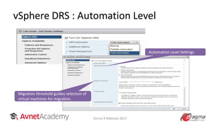 vSphere DRS : Automation Level
Migration threshold guides selection of
virtual machines for migration.
Automation Level Settings
Torino 9 febbraio 2017
 