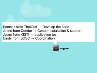 Somsak from ThaiGrid -> Develop the code Jaime from Condor -> Condor installation & support Jysoo from KISTI -> application test Cindy from SDSC -> Coordination 