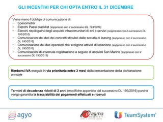 GLI INCENTIVI PER CHI OPTA ENTRO IL 31 DICEMBRE
Viene meno l’obbligo di comunicazione di:
• Spesometro
• Elenchi Paesi blacklist (soppresso con il successivo DL 193/2016)
• Elenchi riepilogativi degli acquisti intracomunitari di eni e servizi (soppresso con il successivo DL
193/2016)
• Comunicazioni dei dati dei contratti stipulati dalle sociatà di leasing (soppresso con il successivo
DL 193/2016)
• Comunicazione dei dati operatori che svolgono attività di locazione (soppresso con il successivo
DL 193/2016)
• Comunicazioni di avvenuta registrazione a seguito di acquisti San Marino (soppresso con il
successivo DL 193/2016)
Rimborsi IVA eseguiti in via prioritaria entro 3 mesi dalla presentazione della dichiarazione
annuale
Termini di decadenza ridotti di 2 anni (modifiche apportate dal successivo DL 193/2016) purchè
venga garantita la tracciabilità dei pagamenti effettuati e ricevuti
 