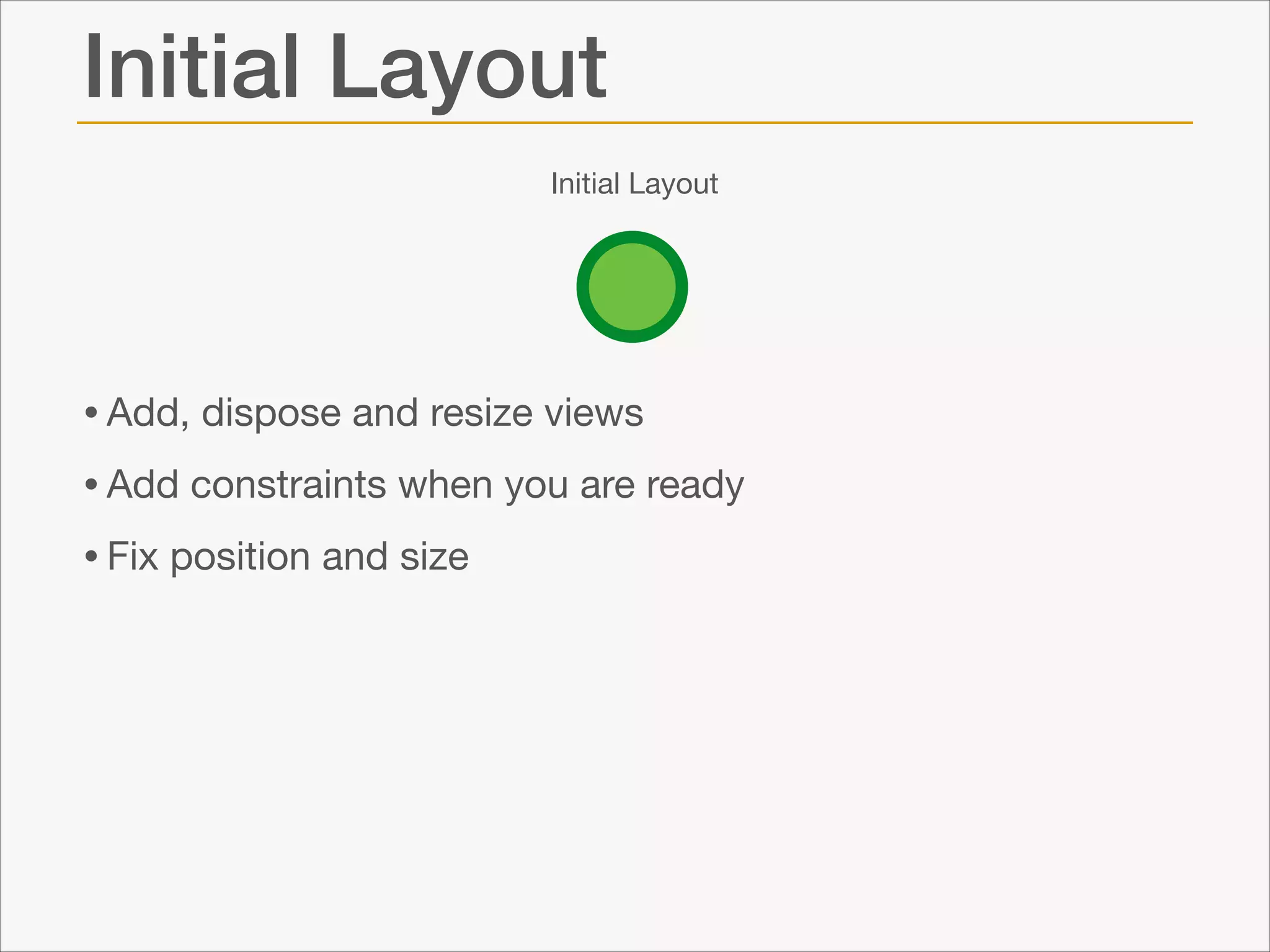 Initial Layout
Initial Layout

• Add, dispose and resize views

• Add constraints when you are ready

• Fix position and size

 