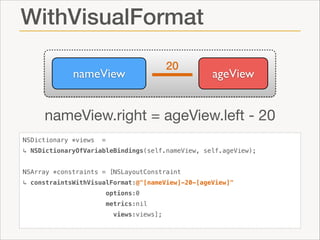 WithVisualFormat
nameView

20

ageView

nameView.right = ageView.left - 20
NSDictionary *views

=

↳ NSDictionaryOfVariableBindings(self.nameView, self.ageView);

!
NSArray *constraints = [NSLayoutConstraint
↳ constraintsWithVisualFormat:@"[nameView]-20-[ageView]"
options:0
metrics:nil
views:views];

 