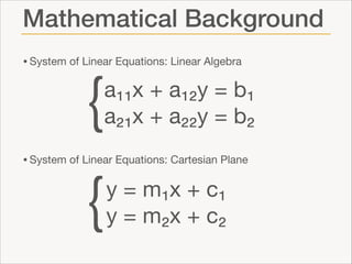 Mathematical Background
• System of Linear Equations: Linear Algebra 
 
 
 
 
 

{

a₁₁x + a₁₂y = b₁

a₂₁x + a₂₂y = b₂

• System of Linear Equations: Cartesian Plane

{

y = m₁x + c₁

y = m₂x + c₂

 