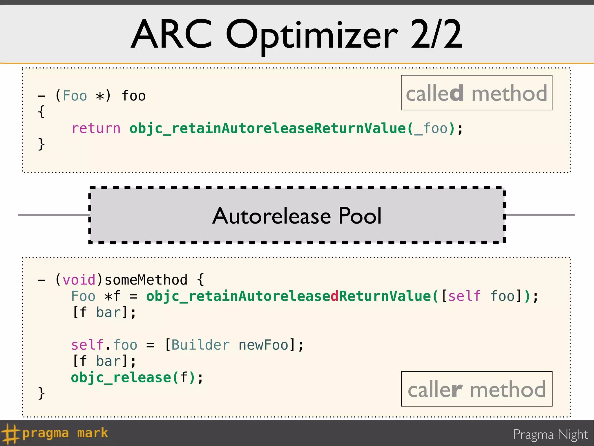 ARC Optimizer 2/2
- (Foo *) foo                              called method
{
    return objc_retainAutoreleaseReturnValue(_foo);
}




                    Autorelease Pool

- (void)someMethod {
    Foo *f = objc_retainAutoreleasedReturnValue([self foo]);
    [f bar];

    self.foo = [Builder newFoo];
    [f bar];
    objc_release(f);
}                                           caller method
                                                        Pragma Night
 