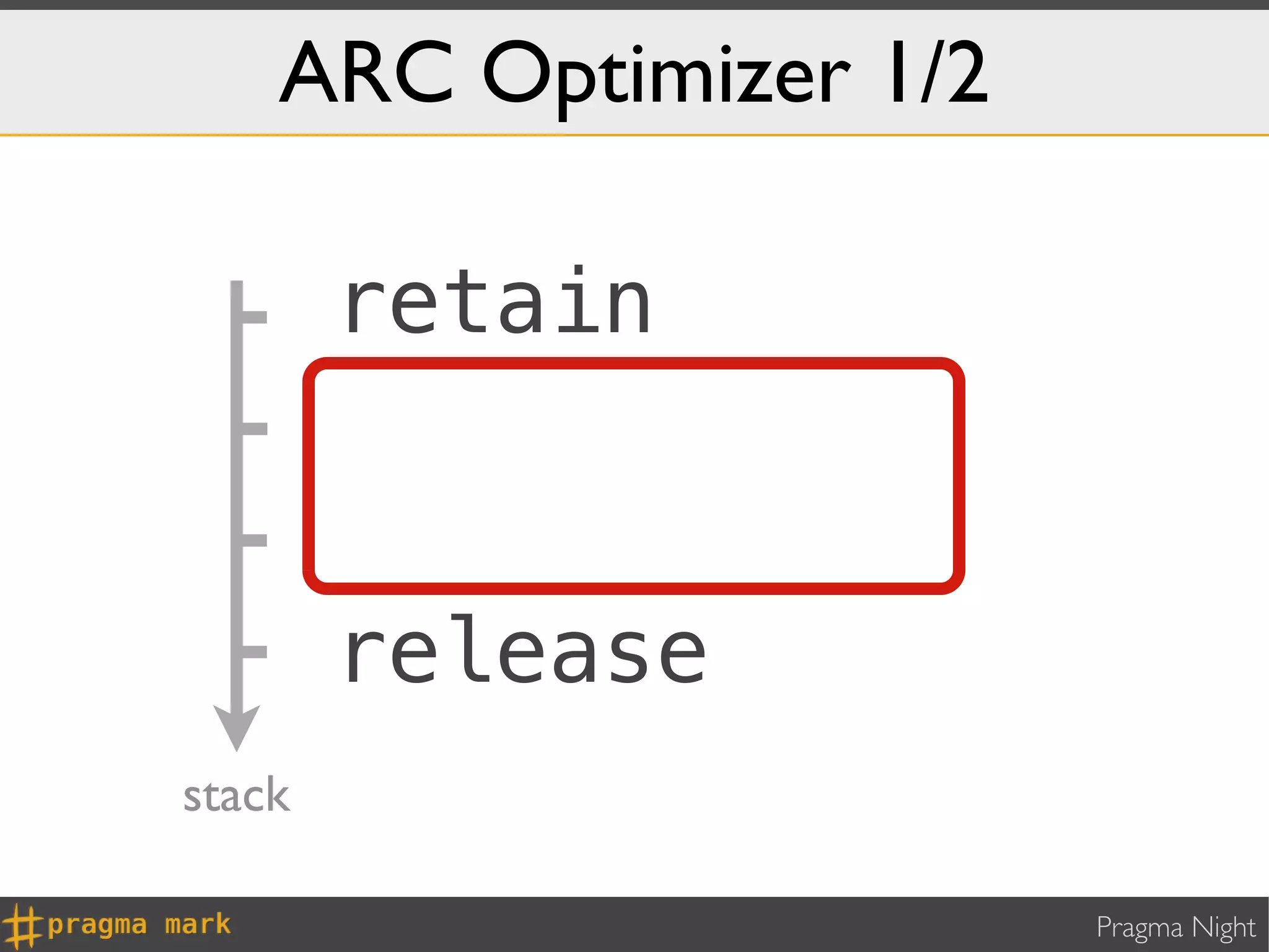 ARC Optimizer 1/2

        retain


        release
stack

                        Pragma Night
 