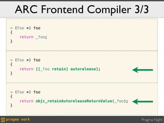 ARC Frontend Compiler 3/3
- (Foo *) foo
{
    return _foo;
}



- (Foo *) foo
{
    return [[_foo retain] autorelease];
}



- (Foo *) foo
{
    return objc_retainAutoreleaseReturnValue(_foo);
}


                                                      Pragma Night
 