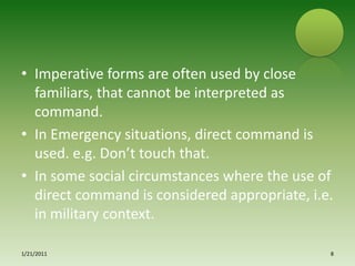    Bald on record     On record             Directno use mitigating devicesBlunt statementsMore chances of refusalDirect Use of mitigating devices.Soft statementsLess chance of refusal1/15/20117