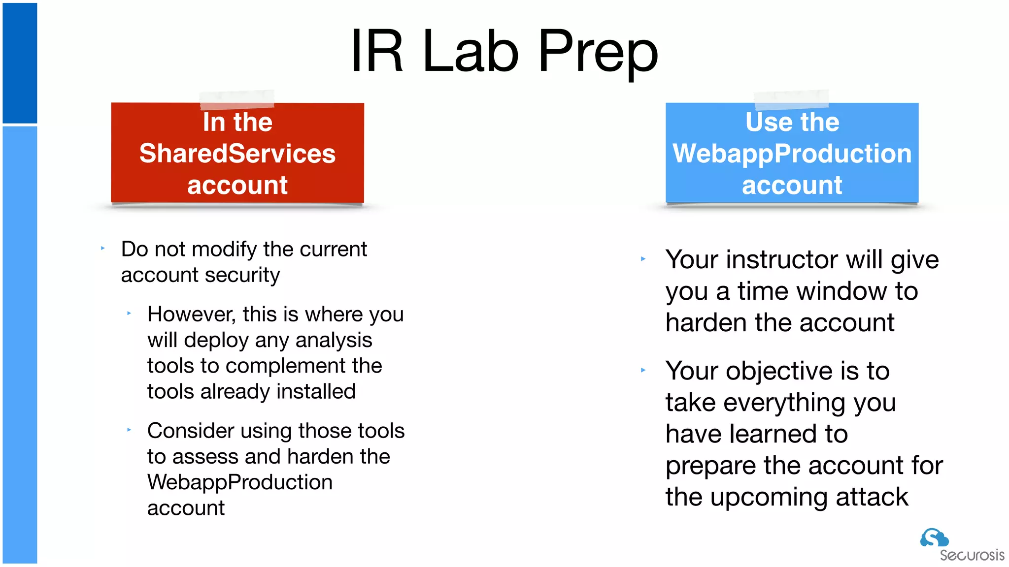 IR Lab Prep
Use the
WebappProduction
account
In the
SharedServices
account
‣ Do not modify the current
account security

‣ However, this is where you
will deploy any analysis
tools to complement the
tools already installed

‣ Consider using those tools
to assess and harden the
WebappProduction
account
‣ Your instructor will give
you a time window to
harden the account

‣ Your objective is to
take everything you
have learned to
prepare the account for
the upcoming attack
 