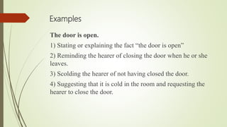 The door is open.
1) Stating or explaining the fact “the door is open”
2) Reminding the hearer of closing the door when he or she
leaves.
3) Scolding the hearer of not having closed the door.
4) Suggesting that it is cold in the room and requesting the
hearer to close the door.
Examples
 
