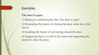 The door is open.
1) Stating or explaining the fact “the door is open”
2) Reminding the hearer of closing the door when he or she
leaves.
3) Scolding the hearer of not having closed the door.
4) Suggesting that it is cold in the room and requesting the
hearer to close the door.
Examples
 