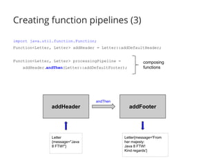 Creating function pipelines (3) 
import java.util.function.Function; 
Function<Letter, Letter> addHeader = Letter::addDefaultHeader; 
Function<Letter, Letter> processingPipeline = 
addHeader.andThen(Letter::addDefaultFooter); 
andThen 
composing 
functions 
addHeader addFooter 
Letter 
{message="Java 
8 FTW!"} 
Letter{message='From 
her majesty: 
Java 8 FTW! 
Kind regards'} 
 